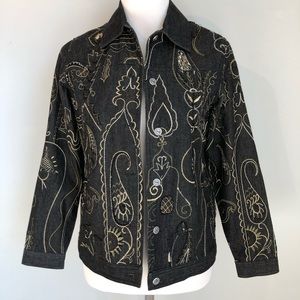 Laura Ashley Black Beaded Whimsigoth Embroidered Denim Jacket, Small Petite